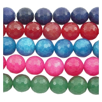 Natural White Jade Gemstone Bead Strands, Dyed, Faceted Round, Mixed Color, 8mm, Hole: 1mm, about 48pcs/strands, 15.5 inch