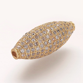 Brass Micro Pave Cubic Zirconia Beads, Rice, Clear, Golden, 28x11mm, Hole: 2mm