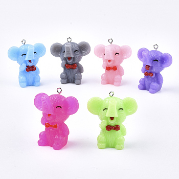 Resin Pendants, with Platinum Tone Iron Findings, Elephant, Mixed Color, 36~37x32.5x21mm, Hole: 2mm