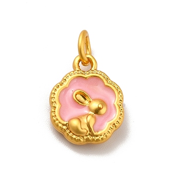 Rack Plating Alloy Enamel Pendants, Cadmium Free & Lead Free, with Jump Ring, Matte Gold Color, Flower with Rabbit, Pink, 14x11x3.5mm, Jump Ring: 5.6x1mm, Inner Diameter: 3.6mm