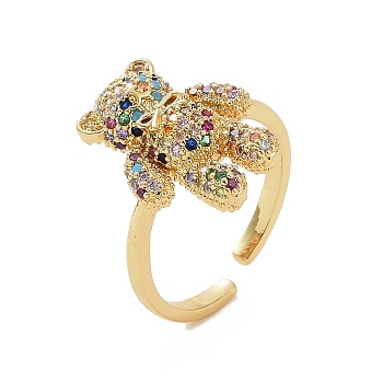 Cubic Zirconia Bear Open Cuff Ring, Golden Brass Jewelry for Women, Colorful, Inner Diameter: 18mm