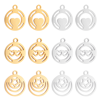 Unicraftale 12Pcs 6 Style 304 Stainless Steel Charms, Manual Polishing, Flat Round with Star & Heart, Golden & Stainless Steel Color, 12x10x1mm, Hole: 1.2mm, 2pcs/style