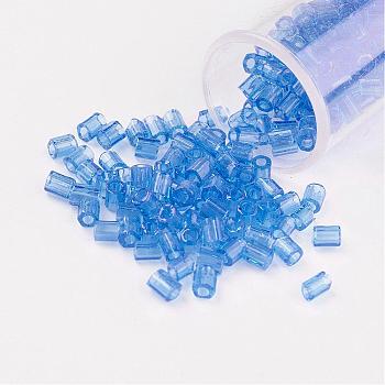 11/0 Two Cut Round Hole Glass Seed Beads, Hexagon, Transparent Colours, Deep Sky Blue, 2x2mm, Hole: 0.5mm, about 41000pcs/pound