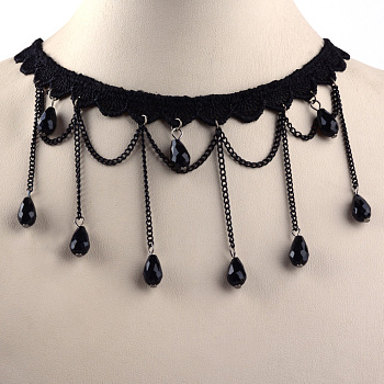 Gothic Style Vintage Lace Choker Necklaces, with Iron Chains, Glass Beads, Black, 12.9 inch