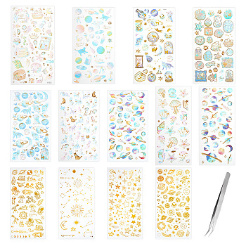 13 Styles 3D Puffy Stickers, Transparent Epoxy Resin Glitter Stickers, for Scrapbooking, Travel Diary Craft, with Iron Beading Tweezers, Mixed Shapes, 4~33x6~25mm, 1 sheet