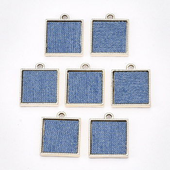 Alloy Pendants, with Cloth, Square, Light Gold, Steel Blue, 19.5x16x3mm, Hole: 2mm