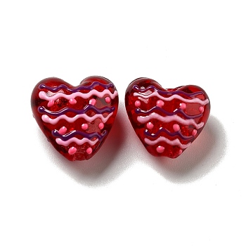 Handmade Lampwork Beads, Heart with Wave Pattern, Red, 19~20.5x20~20.5x11.5~13.5mm, Hole: 2.5mm