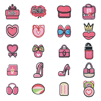 20Pcs Polyester Embroider Self-adhesion Thread Iron on/Sew On Patches, Cloth Appliques, Deep Pink, Mixed Shapes, 29~48x25~40x1.5~2mm