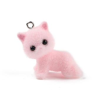 Flocking Resin Cute Kitten Pendants, Cat Shape Charms with Platinum Plated Iron Loops, Pink, 28x27x28mm, Hole: 2mm