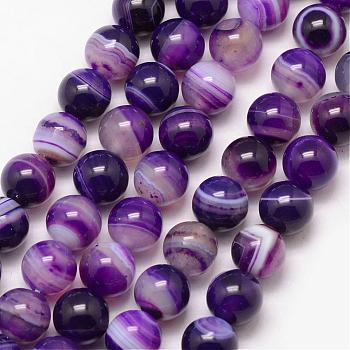 Natural Striped Agate/Banded Agate Bead Strands, Round, Grade A, Dyed & Heated, Indigo, 10mm, Hole: 1mm, about 37pcs/strand, 15 inch