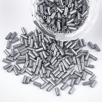 Electroplate Glass Bugle Beads, Round Hole, Metallic Colours, Silver, 3~5x1.5~2mm, Hole: 0.8mm, about 15000pcs/bag