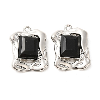 Glass Pendants, with Rack Plating Alloy Findings, Rectangle, Black, 22x16x5mm, Hole: 1.4mm