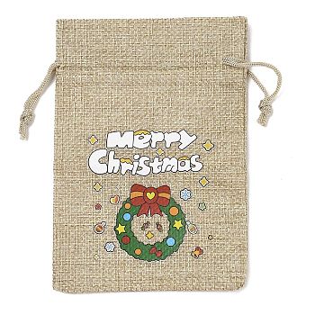 Christmas Printed Burlap Packing Pouches Drawstring Bags, Rectangle, Tan, Christmas Wreath, 14x10x0.01cm