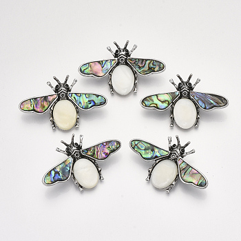 Mixed Shell Brooches/Pendants, with Rhinestone, Alloy Findings and Resin Bottom, Bee, Antique Silver, Seashell Color, 36x57x14mm, Hole: 7x4mm, Pin: 0.7mm