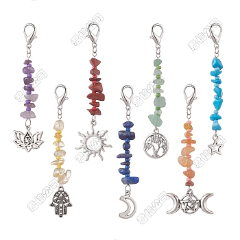 Chakra Natural Gemstone Chip Pendant Decorations, with Glass Seed Beads and Alloy Pendants, Mixed Shapes, 57~60mm, 7pcs/set
