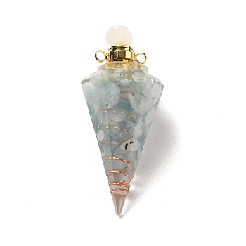 Natural Aquamarine Perfume Bottle Pendants, Resin Faceted Cone Charms with Golden Plated Brass Screw Cap, 46.5~48x19~20x17~18mm, Hole: 1.8mm