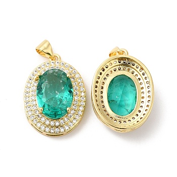 Real 16K Gold Plated Brass Micro Pave Cubic Zirconia Pendants, with Glass, Oval Charms, Green, 23x17x8mm, Hole: 5x3.5mm