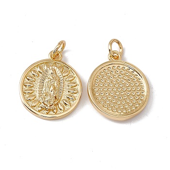 Brass Pendants, with Jump Ring, Cadmium Free & Nickel Free & Lead Free, Rack Plating, Flat Round with Virgin Pattern, Real 18K Gold Plated, 17.5x15x2.5mm, Hole: 3mm
