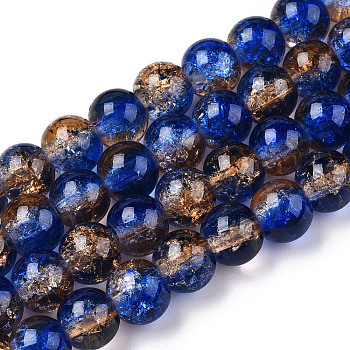 Two-Tone Crackle Baking Painted Transparent Glass Beads Strands, Round, Blue, 8mm, Hole: 1.5mm, about 108~110pcs/strand, 30.71 inch~31.50 inch(78~80cm)