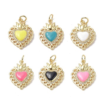 Eco-Friendly Rack Plating Brass Micro Pave Cubic Zirconia Pendants, with Enamel & Jump Ring, Long-Lasting Plated, Lead Free & Cadmium Free, Sacred Heart Charm, Real 18K Gold Plated, Mixed Color, 23x16.5x4mm, Hole: 3.4mm