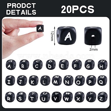 20Pcs Black Cube Letter Silicone Beads 12x12x12mm Square Dice Alphabet Beads with 2mm Hole Spacer Loose Letter Beads for Bracelet Necklace Jewelry Making(JX433U)-2