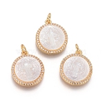 Brass Pendants, Cadmium Free & Lead Free, with Micro Pave Cubic Zirconia, Shell and Jump Rings, Flat Round with Saint Benedict, Clear, Golden, 18x15x3mm, Hole: 3mm(KK-I656-49G-01)