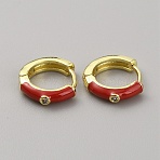 Enamel Hoop Earrings with Clear Cubic Zirconia, Light Gold Brass Jewelry for Women, FireBrick, 12.5x13.5x3mm, Pin: 1mm(EJEW-WH0004-39H)