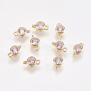Brass Cubic Zirconia Links, Flat Round, Real 18K Gold Plated, Lavender Blush, 7x3.9x2.5mm, Hole: 0.5mm(KK-P138-16C)