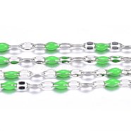 304 Stainless Steel Link Chains, with Spool, with Enamel, Soldered, Stainless Steel Color, Lime Green, 4~10x2x0.4~2mm, about 32.8 Feet(10m)/roll(CHS-F002-B05)