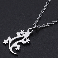 201 Stainless Steel Pendant Necklaces, with Cable Chains and Lobster Claw Clasps, Gecko, Stainless Steel Color, 15.74 inch(40cm), 1.5mm(NJEW-S105-JN554-40-1)