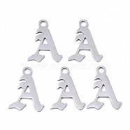 201 Stainless Steel Pendants, Laser Cut, Old English, Alphabet, Stainless Steel Color, Letter.A, 18x13.5x1mm, Hole: 2mm(STAS-N091-40A)