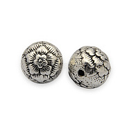 Carved Brass Beads, Round with Flower Pattern, Nickel Free, Antique Silver, 14mm, Hole: 2mm(KK-J187-20AS-NF)