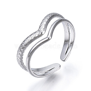 304 Stainless Steel Heart Open Cuff Ring, Double Line Ring for Women, Stainless Steel Color, US Size 5 1/2(16.1mm)(RJEW-N040-46)