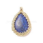 Natural Lapis Lazuli Pendants with Japanese Seed Wrapped, Teardrop Charms with Brass Snap on Bails, Golden, 32x23x9mm, Hole: 4x3mm(PALLOY-MZ00101-02)