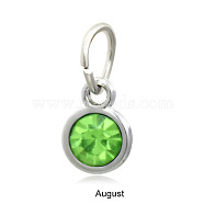 Platinum Plated Alloy Glass Rhinestone Charms, DIY Accessories for Pendants Jewelry Making, with Jump Rings, Birthstone Color Style Rhinestone, Flat Round, Peridot, 7.5x4.5mm(PALLOY-TAC0016-B08-P)