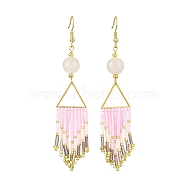 Arrow Tassel Glass Seed with Natural Rose Quartz Dangle Earrings, Golden, 94x19mm(EJEW-MZ00146)