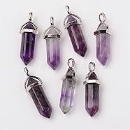 Natural Amethyst Double Terminated Pointed Pendants, with Random Alloy Pendant Hexagon Bead Cap Bails, Bullet, Platinum, 37~40x12mm, Hole: 3mm(G-F295-05C)