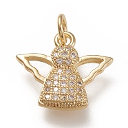 Brass Micro Pave Clear Cubic  Zirconia Pendants, with Jump Rings, Angel, Real 18K Gold Plated, 14x16x2.5mm, Jump Ring: 5x1mm, 3mm Inner Diameter(X-ZIRC-L099-032G)