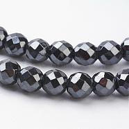 Non-Magnetic Synthetic Hematite Beads Strands, 64 Faceted, Round, Black, about 8mm in diameter, hole:1mm, 51pcs/strand, 16 inch(HEMA-8D-1)