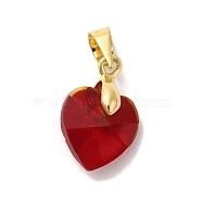 Brass Glass Pendants, Heart, Real 18K Gold Plated, FireBrick, 15x10x6.5mm, Hole: 5x4mm(KK-Z073-14G-03)