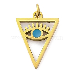 Ion Plating(IP) 304 Stainless Steel Enamel Charms, with Jump Ring, Manual Polishing, Real 18K Gold Plated, Eye, Triangle, 16x11.5x1.5mm, Hole: 2.5mm(STAS-Z104-10G-03)