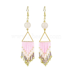 Arrow Tassel Glass Seed with Natural Rose Quartz Dangle Earrings, Golden, 94x19mm(EJEW-MZ00146)