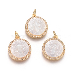 Brass Pendants, with Micro Pave Cubic Zirconia, Shell and Jump Rings, Flat Round with Saint Benedict, Clear, Golden, 18x15x3mm, Hole: 3mm(KK-I656-49G-01)
