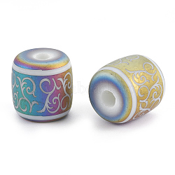 Electroplate Glass Beads, Frosted, Barrel with Vine Pattern, Multi-color Plated, 12x11.5mm, Hole: 3mm, 100pcs/bag(EGLA-T009-06B)