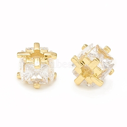 Clear Glass Beads, with Brass Findings, Square, Real 18K Gold Plated, 8.5x8.5x6.5mm, Hole: 3mm(KK-P228-49G)