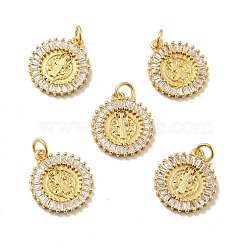 Flat Round with Saint Brass Micro Pave Clear Cubic Zirconia Pendants, with Jump Rings, Cadmium Free & Nickel Free & Lead Free, Real 18K Gold Plated, 17.5x16x2mm, Hole: 3.4mm(KK-G419-25G)