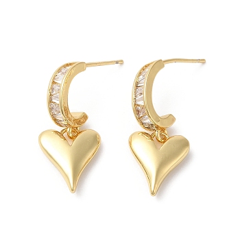 Clear Cubic Zirconia Heart Dangle Stud Earrings, Brass Jewelry for Women, Real 18K Gold Plated, 26x11mm