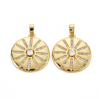 Brass Micro Pave Cubic Zirconia Pendants, Nickel Free, Flat Round, Real 16K Gold Plated, 23x21x4.5mm, Hole: 2.5x5mm