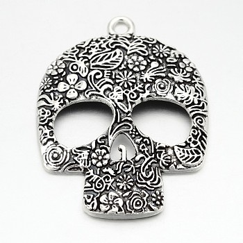 Tibetan Style Zinc Alloy Big Pendants, Lead Free & Cadmium Free, Skull, Antique Silver, 66x49x6mm, Hole: 4mm