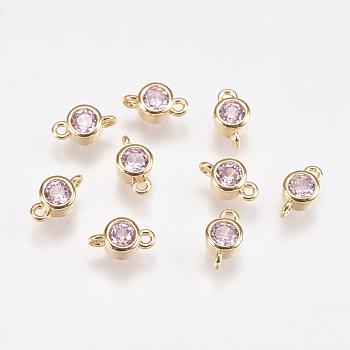 Brass Cubic Zirconia Links, Flat Round, Real 18K Gold Plated, Lavender Blush, 7x3.9x2.5mm, Hole: 0.5mm